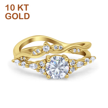 10K Yellow Gold Two Piece Vintage Style Round Simulated Cubic Zirconia Engagement Ring